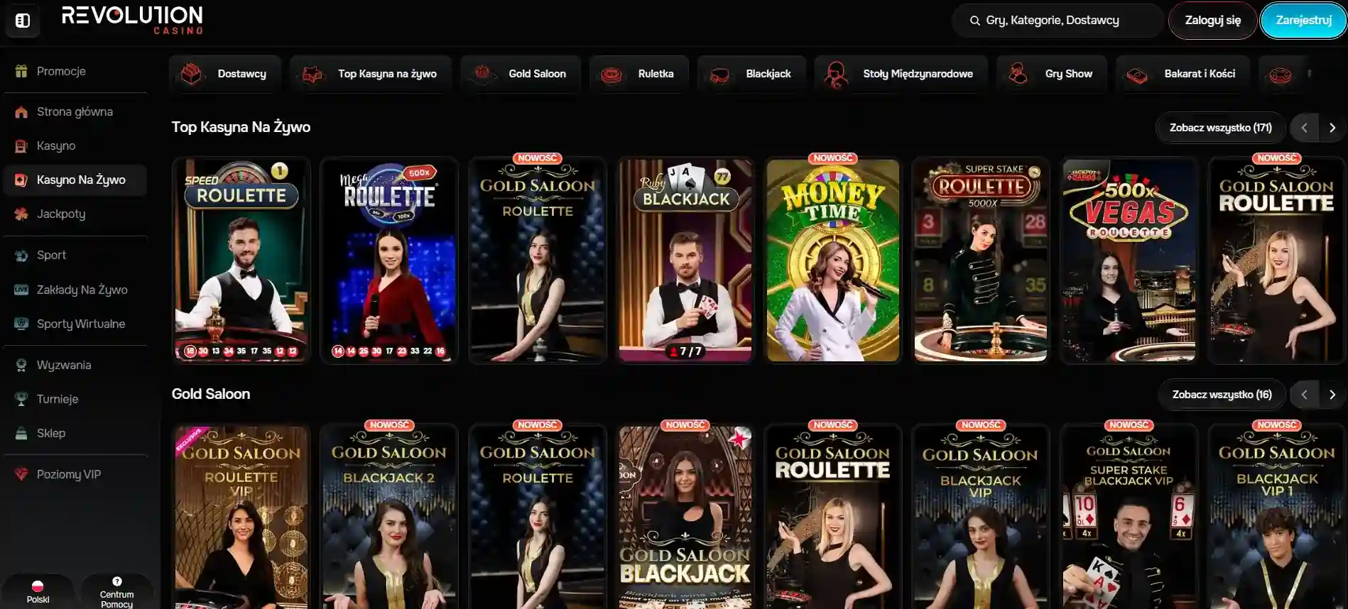 Zrzut oficjalnego lobby kasyna na żywo RevolutionCasino