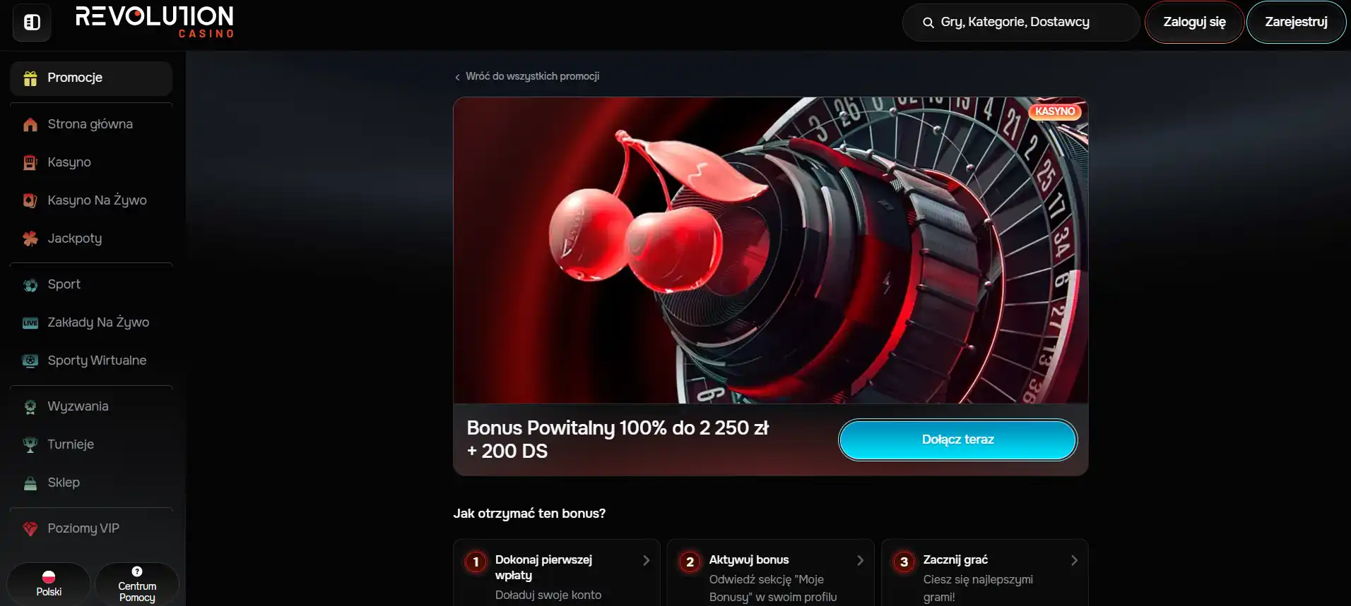 Oficjalna strona bonusu powitalnego RevolutionCasino po polsku