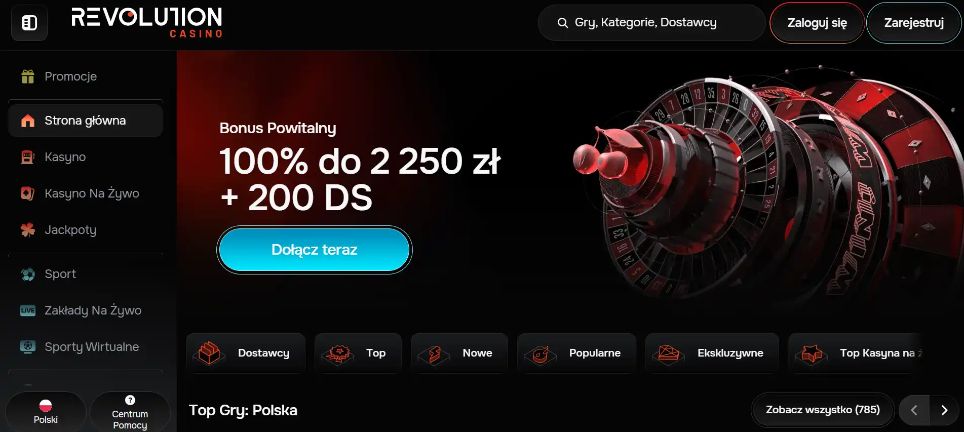 Zrzut ekranu polskiej wersji strony RevolutionCasino